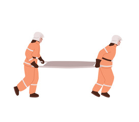 Firefighters hurrying with a stretcher. Saving lives.  Firemen wearing uniform isolated. Flat vector illustration.