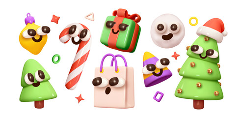 Obraz premium Emoji smile emotions Christmas festive elements for design. Holiday Decoration Shop bag, gift box, cone toy, christmas tree, xmas candy cane, snow globe. Realistic 3d object. vector illustration