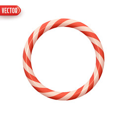 Christmas round frame from candy cane. Red white straight lines color. Realistic 3d design Decoration New Year Holiday elements. Xmas Striped candy cane ring border. vector illustration