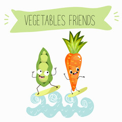 Vector illustration best friends vegetables carrots and peas surfboard, carrot juice, funny hand drawn cartoon characters, text friends vegetables.