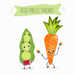 Vector illustration of best friends carrots and peas, funny hand drawn cartoon characters, text vegetables friends.