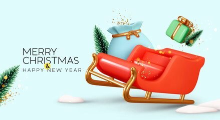Christmas background. Xmas holiday composition with realistic 3d decorative objects, red santa claus sleigh, gift bag, christmas fluffy fir trees. Falling levitate design elements. Vector illustration