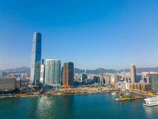 Fototapeta na wymiar Drone fly over Hong Kong city in Kowloon side