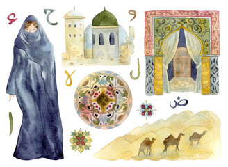 Arabic design elements set. Woman in traditional clothes, pottery, desert landscape with camels, ornate arch, architecture and Arabic alphabet letters. Watecolor illustration - 540651030