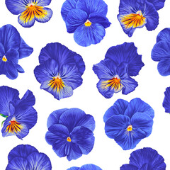Minimalistic seamless pattern with blue pansies on white background. PNG realistic plants in repeating pattern. Design surfaces, clothes, textiles, postcards, wallpaper, posts and ads social media