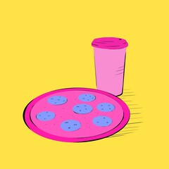 Large whole and round pepperoni pizza with a glass of Americano coffee