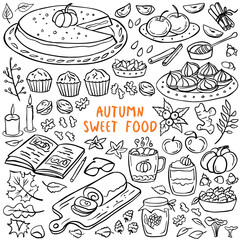 Autumn doodle dessert set - sweet food, pumpkin pie, spices, cake, hot drink, jam, apples. Vector illustration. Perfect for autumn menu, coloring book, greeting card, print.