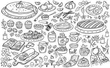 Autumn doodle set - sweet food, pumpkin pie, spices, cake, hot drink, jam, mushrooms, autumn clothes, apples, pear. Vector illustration. Perfect for autumn menu, coloring book, greeting card, print.