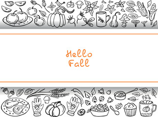 Autumn doodle banne - pumpkin, leaves, nuts, spices, cake, hot drink, jam, mushrooms, apples, pear, berries. Vector illustration. Perfect for autumn menu, coloring book, greeting card, print.