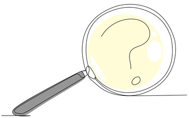 Magnifying glass with a question mark in one line on a white isolate. Magnifying glass illustration. The concept of search, investigation, mystery, riddle. Vector image of searching for answers.