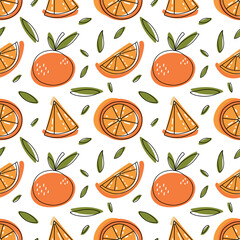 Doodle colorful pattern of different tangerines with leaves