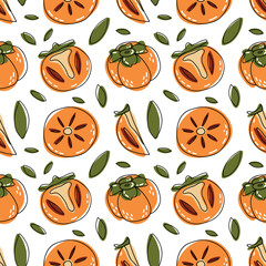 Doodle colorful pattern of different persimmon with leaves