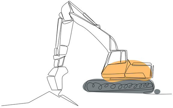 One line excavator with an orange-gray spot on a white background. Foundation preparation concept. Cartoon transport for earthworks. Vector illustration of a machine with a ladle.