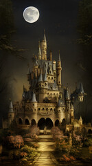 Fototapeta na wymiar Fantasy castle on a full moon night. 