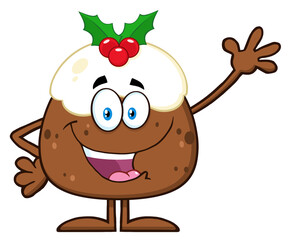 Happy Christmas Pudding Cartoon Character Waving. Hand Drawn Illustration Isolated On Transparent Background