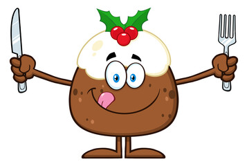 Smiling Christmas Pudding Cartoon Character With Open Arms For Greeting. Hand Drawn Illustration Isolated On Transparent Background