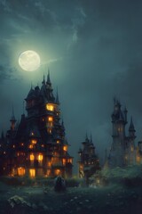 Fototapeta premium Fantasy castle on a full moon night. 