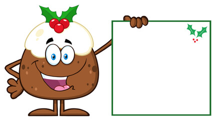 Jolly Christmas Pudding Cartoon Character Presenting A Blank Sign With A Holly Corner. Hand Drawn Illustration Isolated On Transparent Background