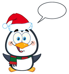 Cute Christmas Penguin Cartoon Character With Open Wings And Speech Bubble. Hand Drawn Illustration Isolated On Transparent Background
