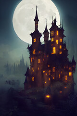 Fantasy castle on a full moon night.	