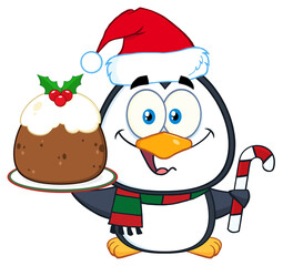 Cute Penguin Cartoon Character Holding Christmas Pudding And Candy Cane. Hand Drawn Illustration Isolated On Transparent Background