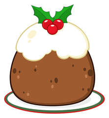 Holly Topped Christmas Pudding On A Plate. Hand Drawn Illustration Isolated On Transparent Background