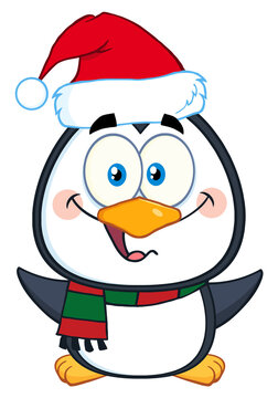 Happy Christmas Penguin Cartoon Character With Open Wings. Hand Drawn Illustration Isolated On Transparent Background