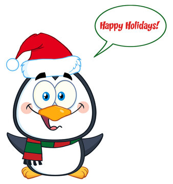 Cute Christmas Penguin Cartoon Character With Open Wings And Speech Bubble And Text. Hand Drawn Illustration Isolated On Transparent Background