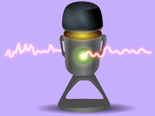 Stylish studio Microphone with sound waves for broadcasting on a purple background. Sound equipment for high-quality live broadcasts. Vector 3D microphone with glowing buttons.
