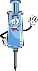 Happy Syringe Vaccine Cartoon Character Waving For Greeting. Hand Drawn Illustration Isolated On Transparent Background