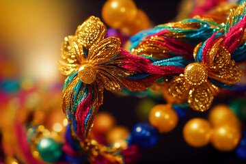 Beautiful garlands on a golden background. Serpentine and tinsel. New Year's toys.