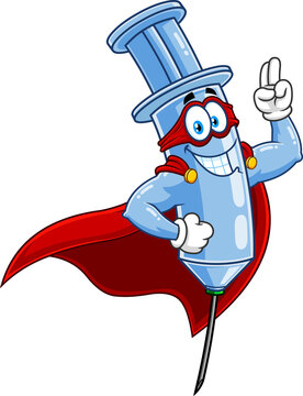 Super Hero Syringe Vaccine Cartoon Character. Hand Drawn Illustration Isolated On Transparent Background