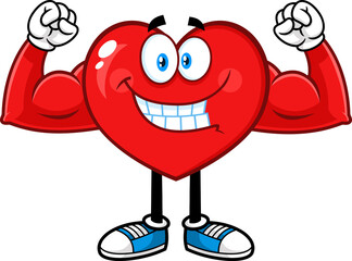 Red Heart Cartoon Character Showing Muscle Arms. Hand Drawn Illustration Isolated On Transparent Background
