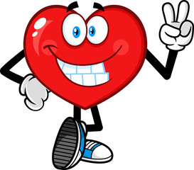 Smiling Red Heart Cartoon Character Showing Peace Hand Sign. Hand Drawn Illustration Isolated On Transparent Background
