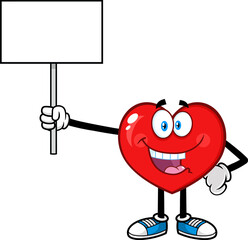 Red Heart Cartoon Character Holding A Blank Sign. Hand Drawn Illustration Isolated On Transparent Background