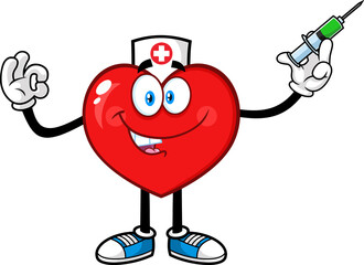 Doctor Red Heart Cartoon Character Holding Up A Syringe. Hand Drawn Illustration Isolated On Transparent Background