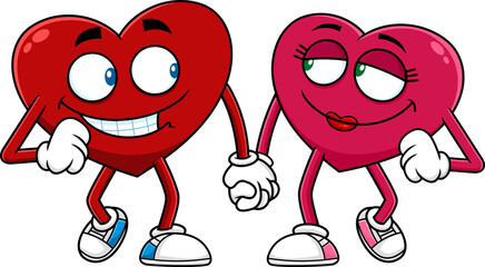 Obraz premium Love Red Hearts Couple Cartoon Characters Walk Holding Hands. Hand Drawn Illustration Isolated On Transparent Background