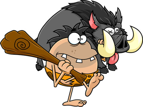 Caveman Cartoon Character With Club Carrying Boar. Hand Drawn Illustration Isolated On Transparent Background