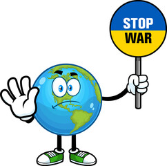 Earth Globe Cartoon Character Holding A Sign Stop War In Ukraine Flag Colors. Hand Drawn Illustration Isolated On Transparent Background
