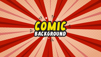 Comic abstract red background with radial rays and halftone