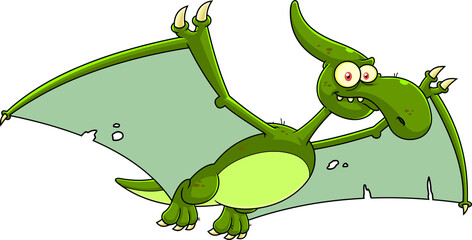 Pterodactyl Dinosaur Cartoon Character. Hand Drawn Illustration Isolated On Transparent Background