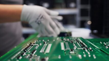 Man's Hands in white Gloves Holding Green Printed Circuit Board or Motherboard of an Electronic Device in Repair Shop - Closeup