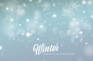 Blue abstract winter background with bokeh shiny lights and snowflakes