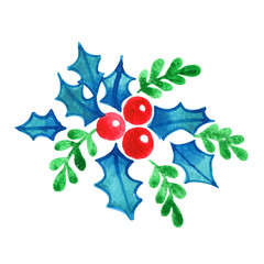 Holly leaves, fern leaves and wild berry bouquet watercolor for decoration on Christmas holiday events.