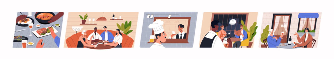 People in restaurant set. Happy characters sitting at cafe table with menu, dishes, meals, eating out, talking. Friends, couples meeting for date, dinner, for coffee. Flat vector illustrations