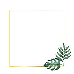 Fototapeta na wymiar Gold frame with green watercolor tropical palm and monstera leaves illustration. Elegant template element for wedding design, greeting cards and crafting, place for text