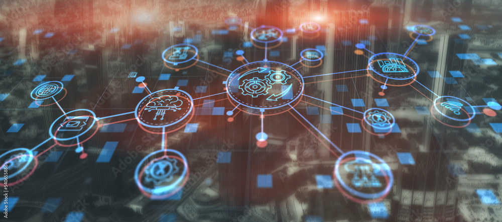 Poster rpa. robotic process automation on modern city abstract background