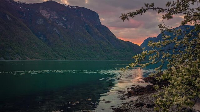 Beautiful nature landscape of mountains and lake in Aurland, Norway