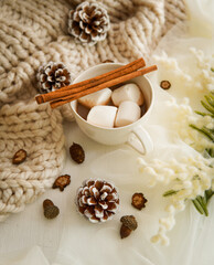 Cozy winter, hot chocolate home background