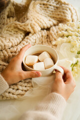 Cozy winter, hot chocolate home background